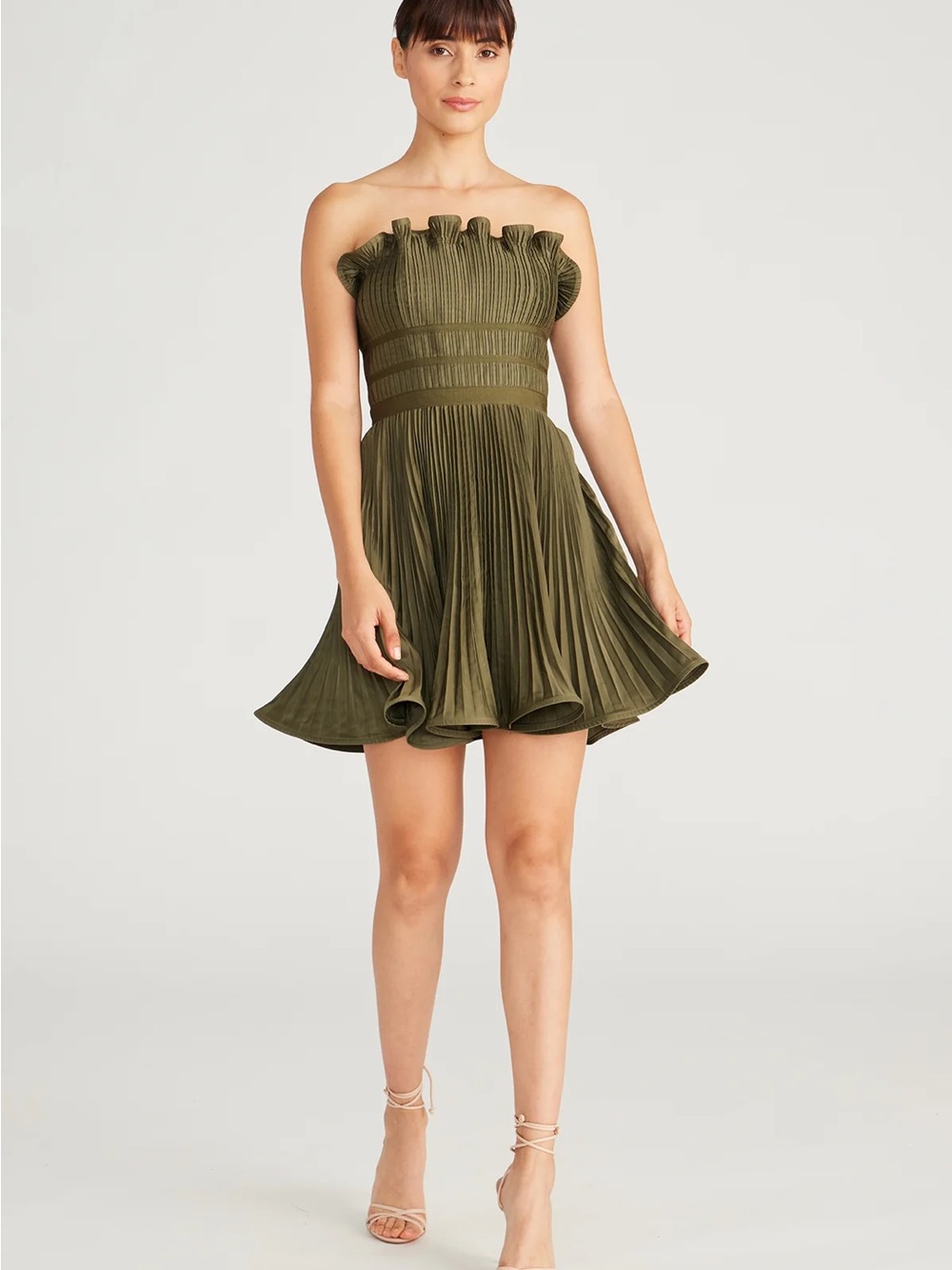 AMUR Olive Green Strapless Pleated Mini Dress